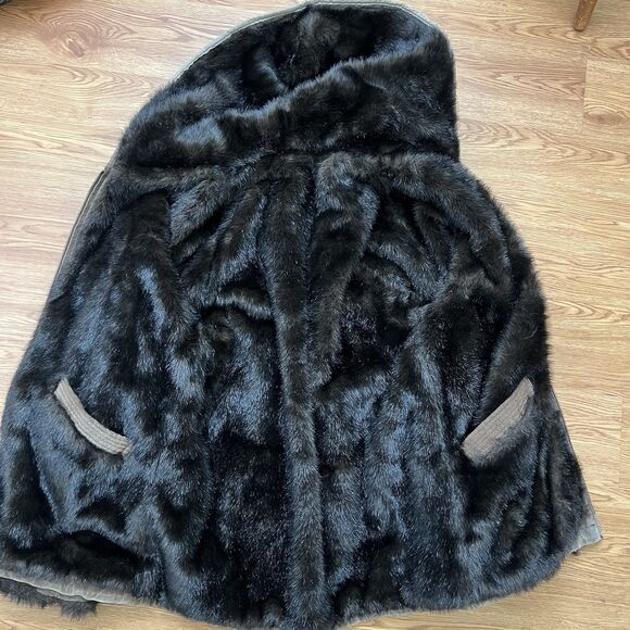 Charles Klein Coat Suede Leather Faux Fur Reversible Zip Up Hooded Brown Sz M - Picture 7 of 12